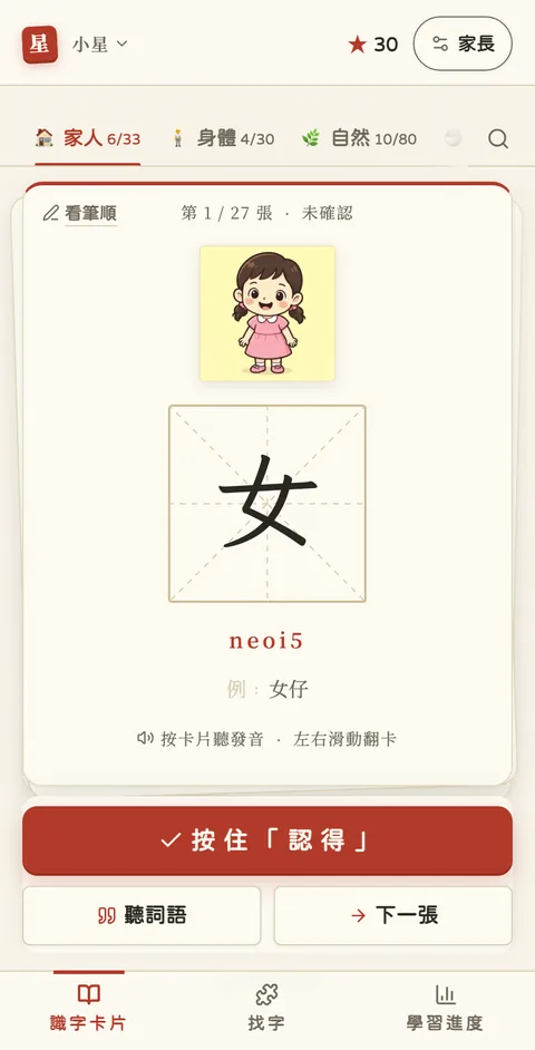 A flashcard screen: an illustration, the character 女 in a grid, its Jyutping neoi5, and an example word.